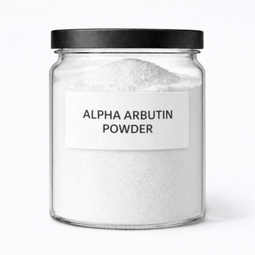 Alpha Arbutin Powder by Organicsbyjumira — bright white fine cosmetic-grade skin-brightening powder in a clear laboratory jar.