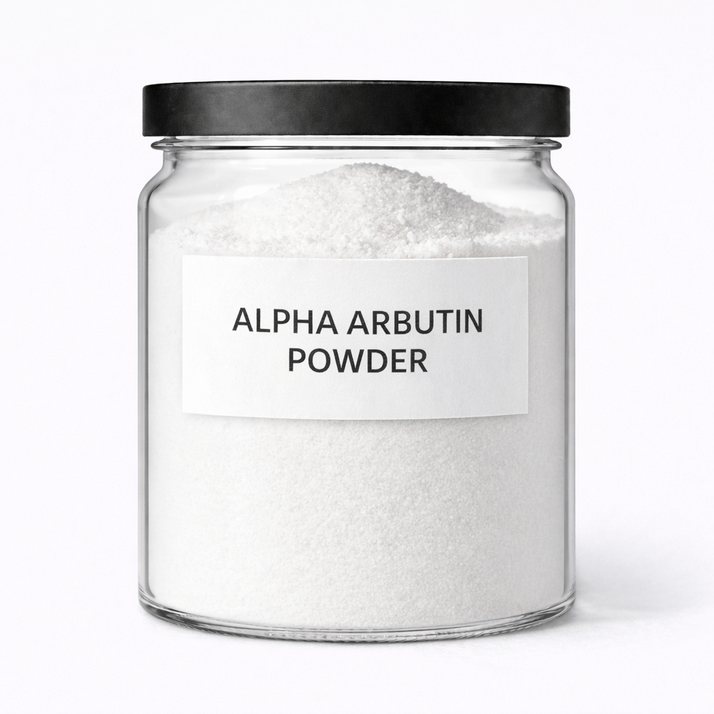 Alpha Arbutin Powder by Organicsbyjumira — bright white fine cosmetic-grade skin-brightening powder in a clear laboratory jar.