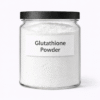 Glutathione Powder by Organicsbyjumira — ultra-fine bright white cosmetic-grade antioxidant powder in a clear laboratory jar.