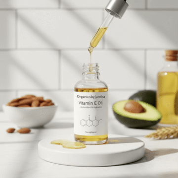 Vitamin E Oil – Natural antioxidant skincare oil in a clear glass bottle, nourishing and protecting skin from dryness and environmental stressors