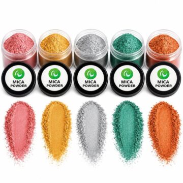 Premium mica powder collection by Jumira Naturals featuring pink, gold, silver, green, and copper cosmetic pigments for soap making, resin art, candles, epoxy, bath bombs, and skincare formulations.