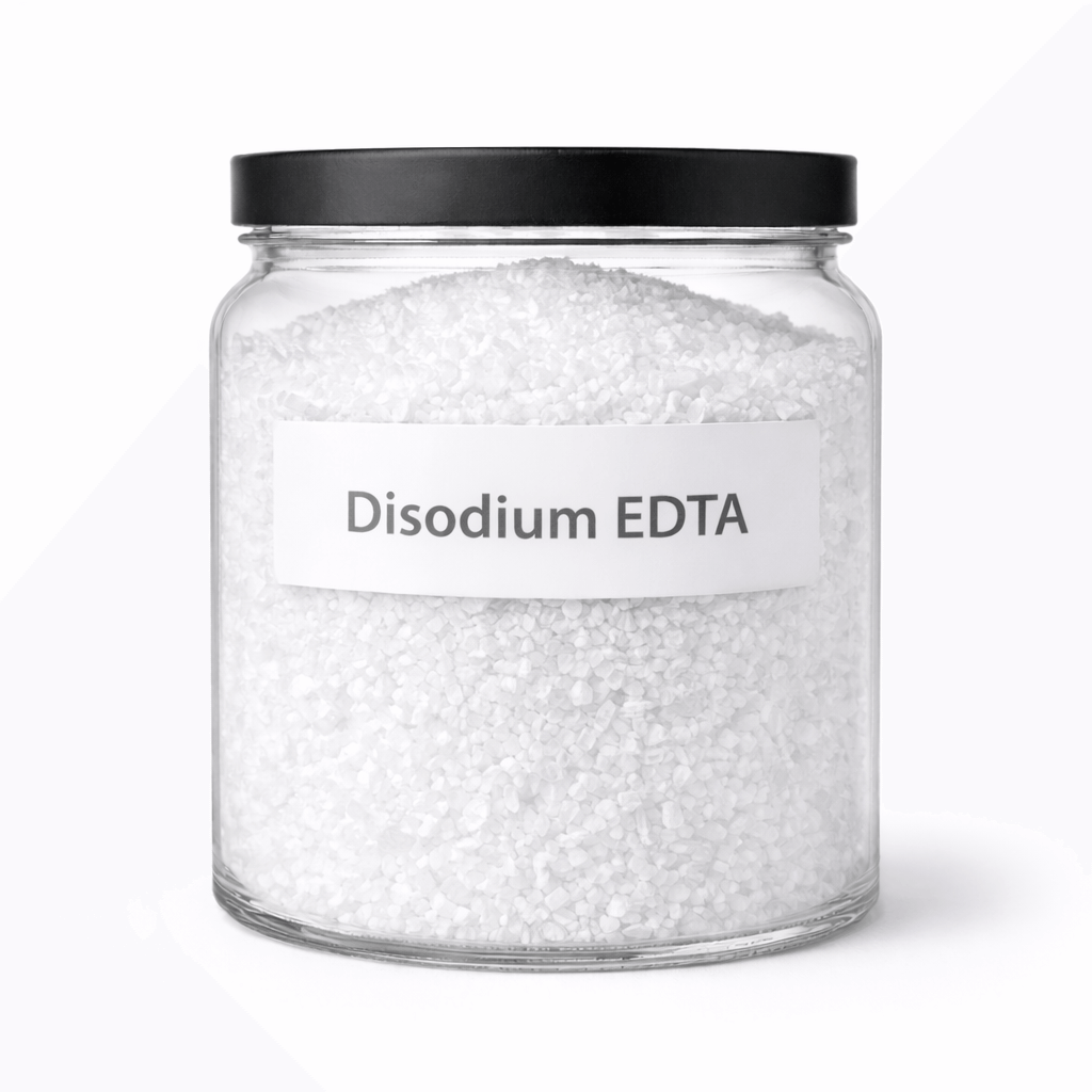 “Disodium EDTA by Organicsbyjumira — white fine crystalline chelating powder used to improve product stability and prevent discoloration in cosmetic formulations.”