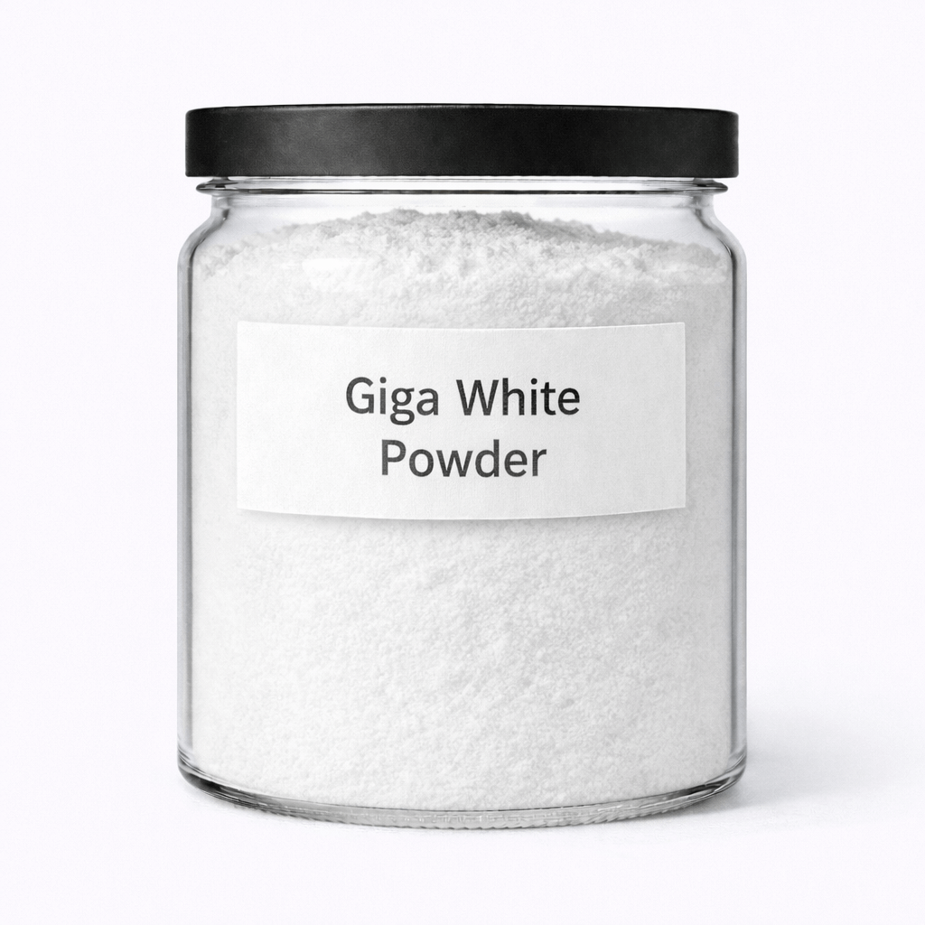 “Giga White Powder by Organicsbyjumira — off-white fine botanical brightening active powder with smooth, slightly granular texture.”