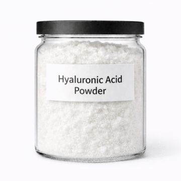 “Hyaluronic Acid Powder by Organicsbyjumira — ultra-light, fine off-white cosmetic-grade hydrating powder with soft, fluffy low-density texture.”