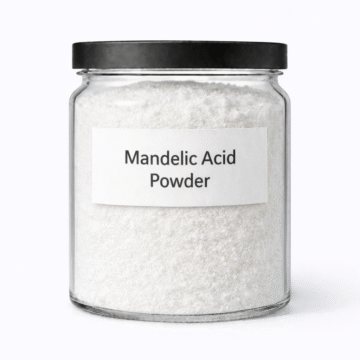 “Mandelic Acid Powder by Organicsbyjumira — white fine-to-medium crystalline AHA exfoliant powder with clear crystal granules for skincare formulations.”