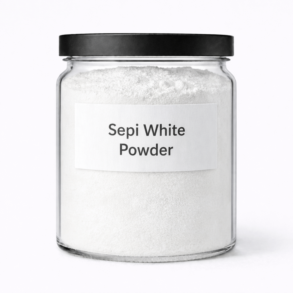 “SepiWhite Powder by Organicsbyjumira — pale cream fine cosmetic brightening active with smooth, slightly granular texture.”