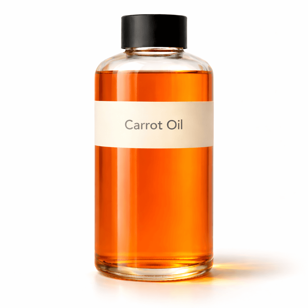 “Carrot Oil by Organicsbyjumira — clear vibrant orange cosmetic-grade oil in an amber bottle.”