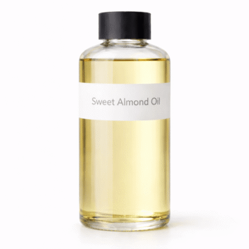 “Sweet Almond Oil by Organicsbyjumira — clear pale golden cosmetic-grade carrier oil in an amber bottle.”