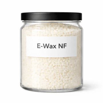E-Wax NF by Organicsbyjumira — white cosmetic-grade emulsifying wax pellets for lotions, creams, and stable emulsions.