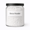 Borax Powder by Organicsbyjumira — white fine-to-medium crystalline cosmetic-grade powder in a clear laboratory jar.