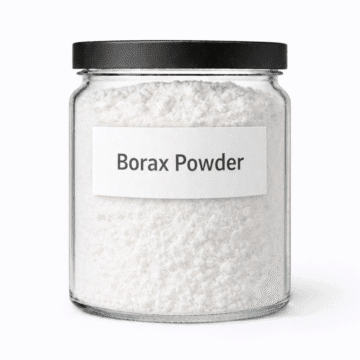 Borax Powder by Organicsbyjumira — white fine-to-medium crystalline cosmetic-grade powder in a clear laboratory jar.
