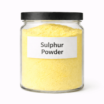 Sulphur Powder by Organicsbyjumira — pale yellow fine cosmetic-grade powder in a clear laboratory jar.