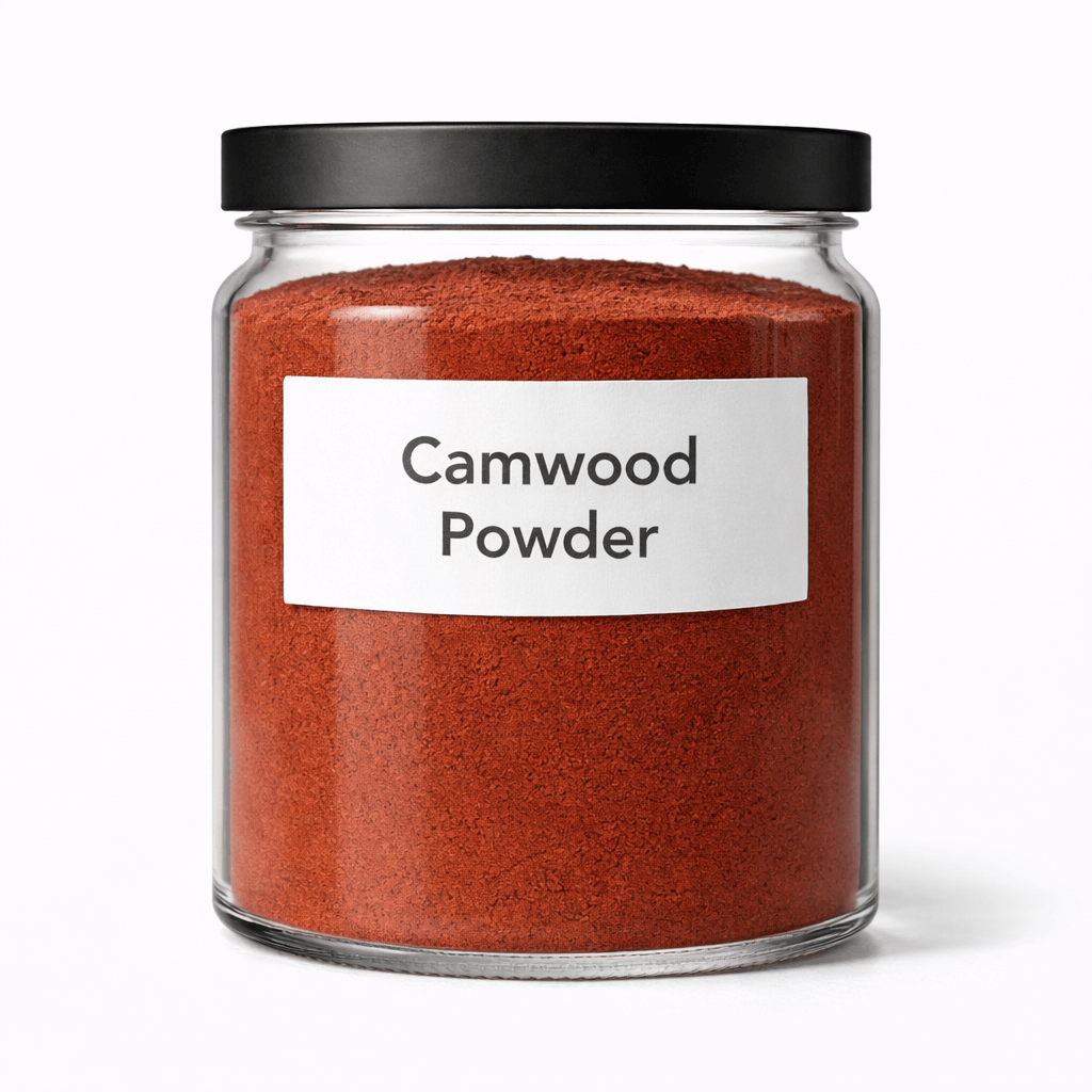 “Camwood Powder by Organicsbyjumira — deep red-brown fine botanical powder with soft woody fibers used for natural brightening and exfoliating skincare treatments.”