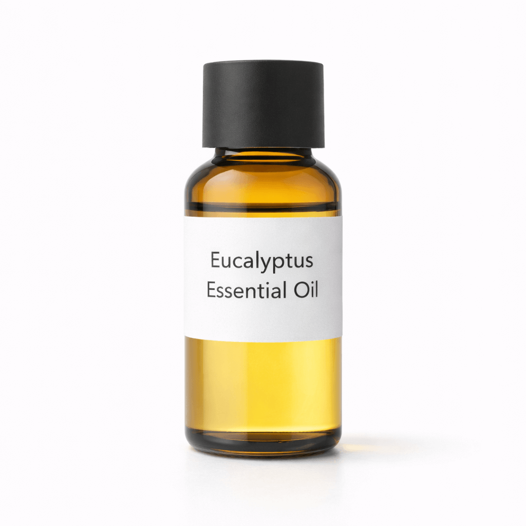 “Eucalyptus Essential Oil by Organicsbyjumira — clear to pale yellow aromatic essential oil in an amber bottle for skincare, aromatherapy, and cosmetic formulations.”