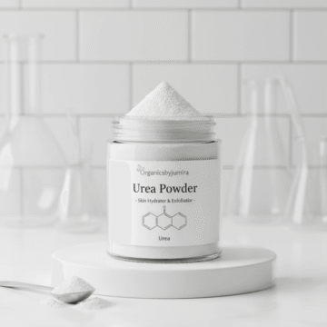 High-quality cosmetic grade Urea Powder in a container, skincare ingredient for hydration, gentle exfoliation, and softening dry or rough skin. Suitable for all skin types, available at Organicsbyjumira.