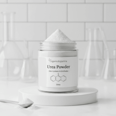 High-quality cosmetic grade Urea Powder in a container, skincare ingredient for hydration, gentle exfoliation, and softening dry or rough skin. Suitable for all skin types, available at Organicsbyjumira.
