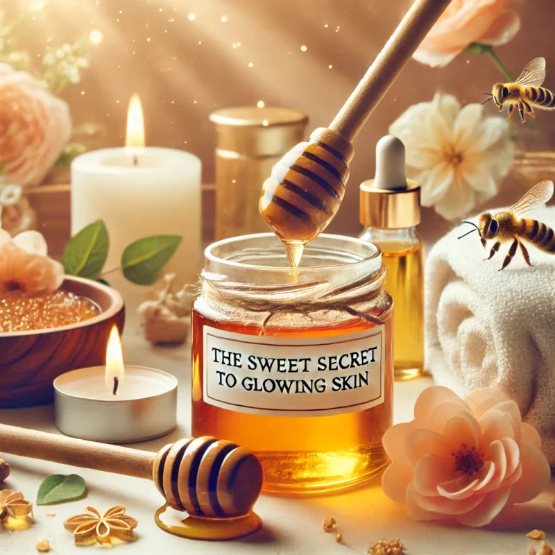 "Glass jar of golden honey with a wooden honey dipper resting on top, surrounded by fresh lemon slices, flowers, and a soft towel on a rustic wooden surface, highlighting natural skincare and beauty."