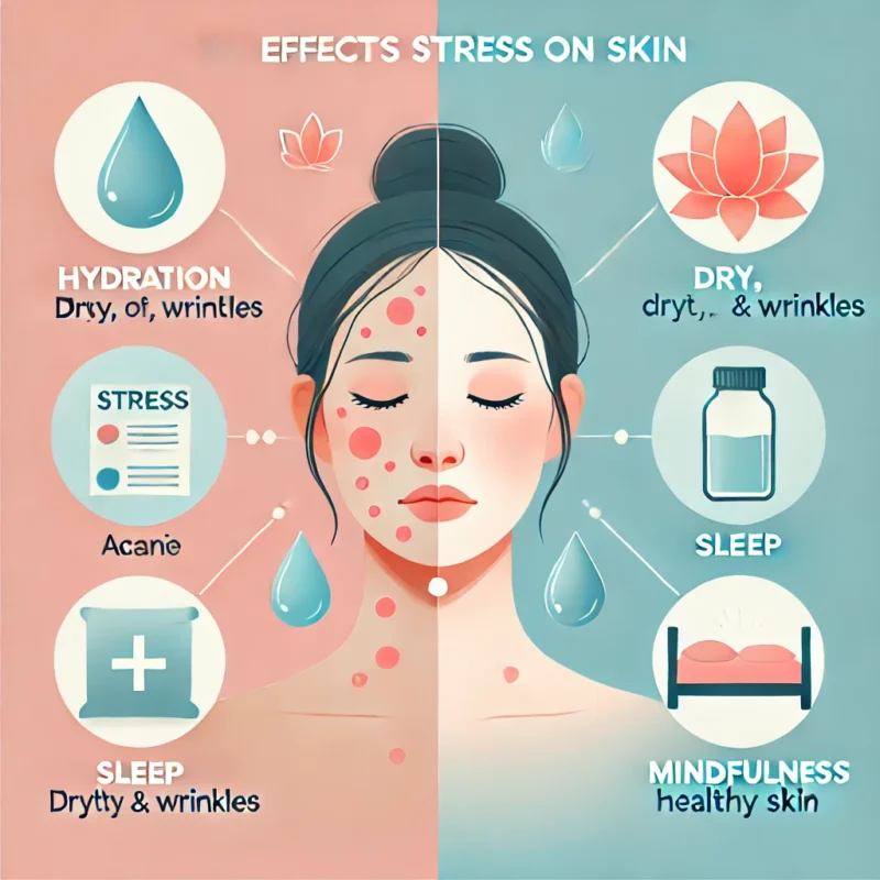 "Illustration of a woman with a calm facial expression, showing the effects of stress on skin. One side of her face displays signs of stress such as redness, fine lines, and acne, while the other side shows smooth, healthy skin. The background features calming colors like light blue and lavender, with contrasting chaotic elements symbolizing stress."