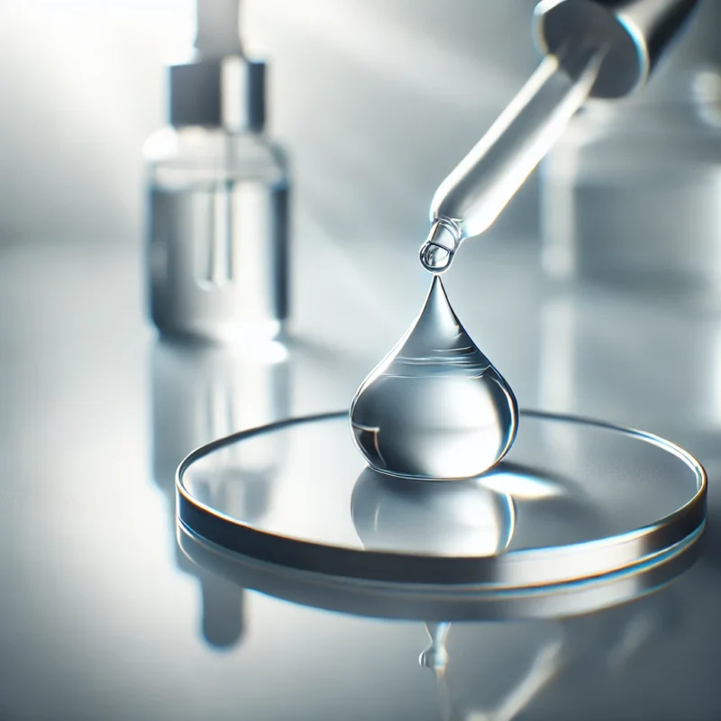 "Close-up of a drop of hyaluronic acid serum resting on a smooth reflective surface, highlighting hydration, purity, and elegance in skincare." organicsbyjumira