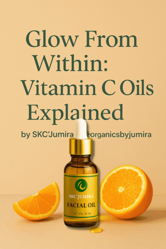 Vitamin C oil bottle glowing on a beige background, symbolizing radiant and healthy skin by Organicsbyjumira.