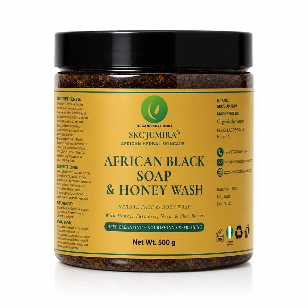 SKC'JUMIRA® African Black Soap & Honey Wash 500g by Organicsbyjumira, herbal face and body wash with honey, turmeric, neem and shea butter.