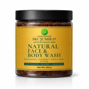 SKC'JUMIRA® Natural Face & Body Wash with Honey, Turmeric, Neem & Shea Butter (500g) by Organicsbyjumira in transparent jar packaging.