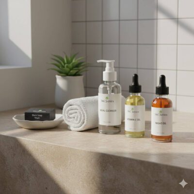 Morning skincare routine setup with SKC’Jumira oils, cleanser, black soap wash, night oil and face towel on a beige vanity.