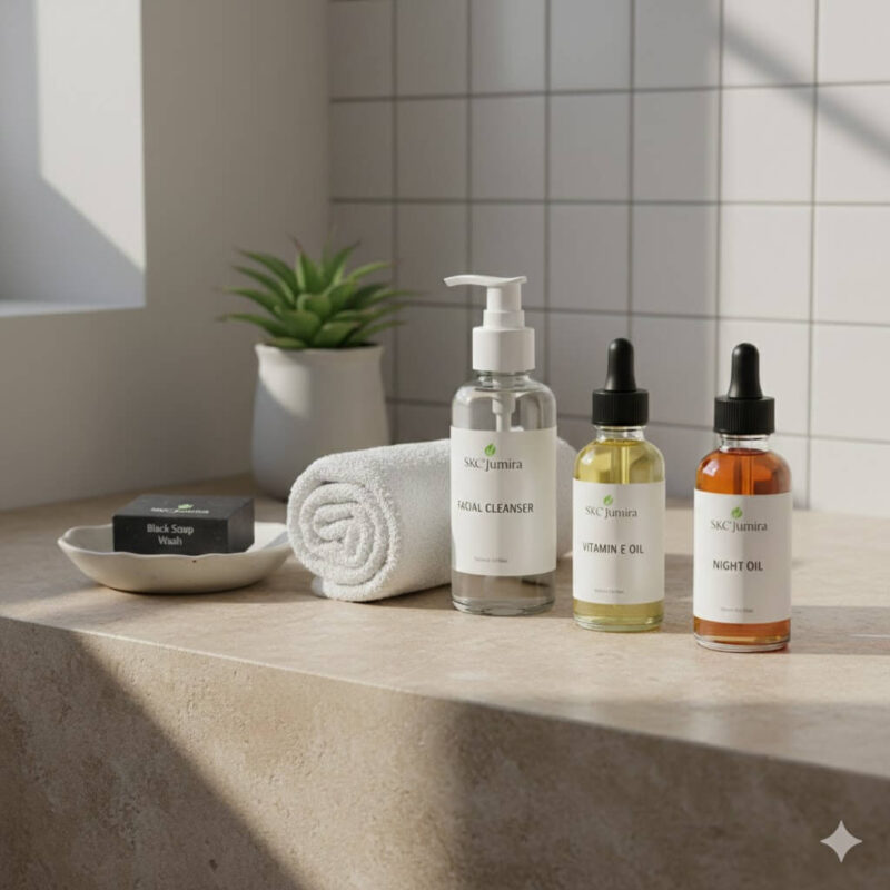 Morning skincare routine setup with SKC’Jumira oils, cleanser, black soap wash, night oil and face towel on a beige vanity.