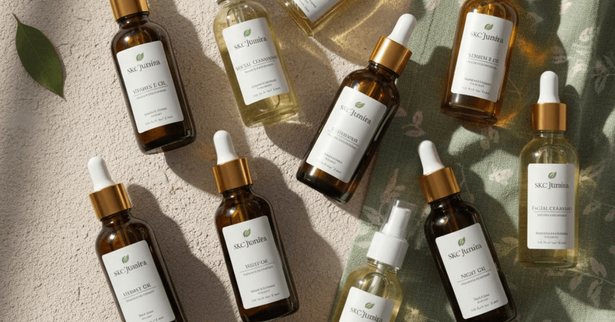 Premium flat lay of SKC’Jumira oil bottles with droppers and pumps on beige and green textured surface, luxury natural skincare products