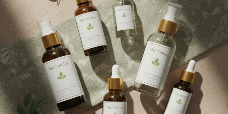 SKC’Jumira premium oils assortment Premium flat lay of SKC’Jumira oils with droppers and pumps on beige and green textured surface