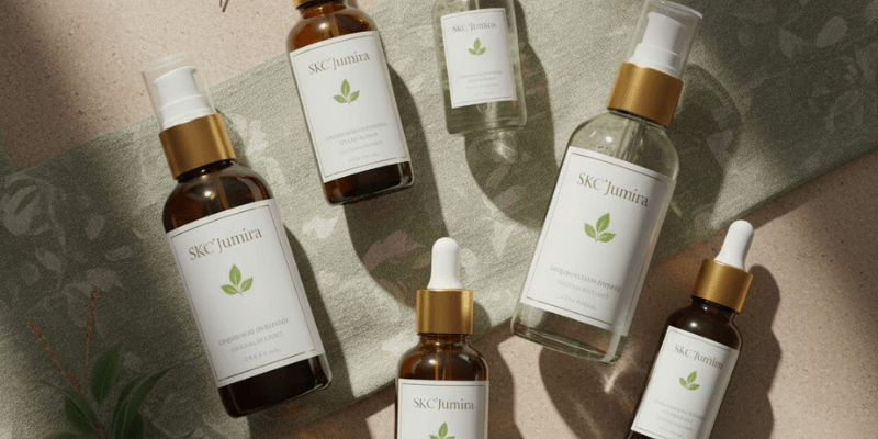 Daily skincare routine with SKC’Jumira oils Person applying SKC’Jumira facial or body oil to skin, showing daily skincare routine with natural oils