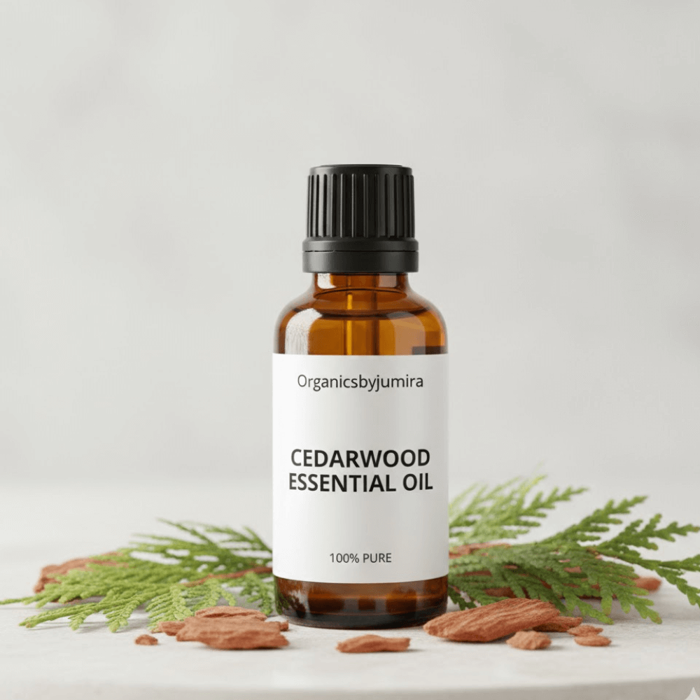 Organicsbyjumira cedarwood essential oil in a glass bottle on a neutral background