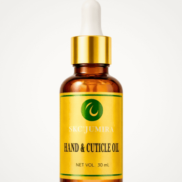 "SKC’Jumira Hand & Cuticle Oil 30ml amber glass bottle with gold dropper, displayed on a white background."