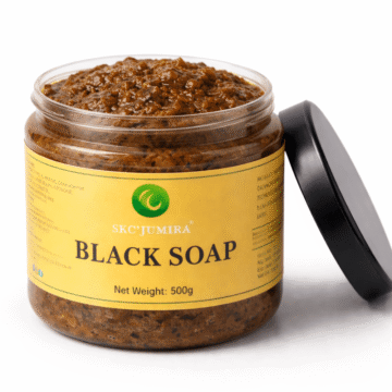 SKC'Jumira African Black Soap 500g in a clear jar with a black lid, displaying the yellow product label.