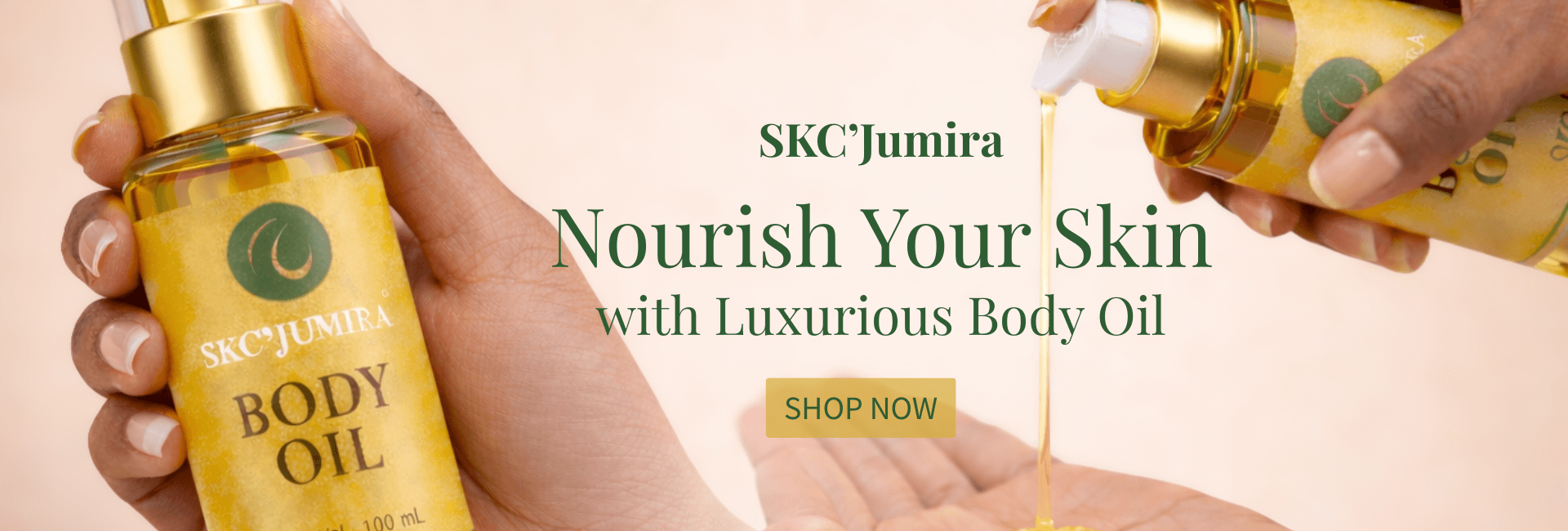 “SKC’Jumira Body Oil showcasing product bottle and oil application for skincare promotion.”