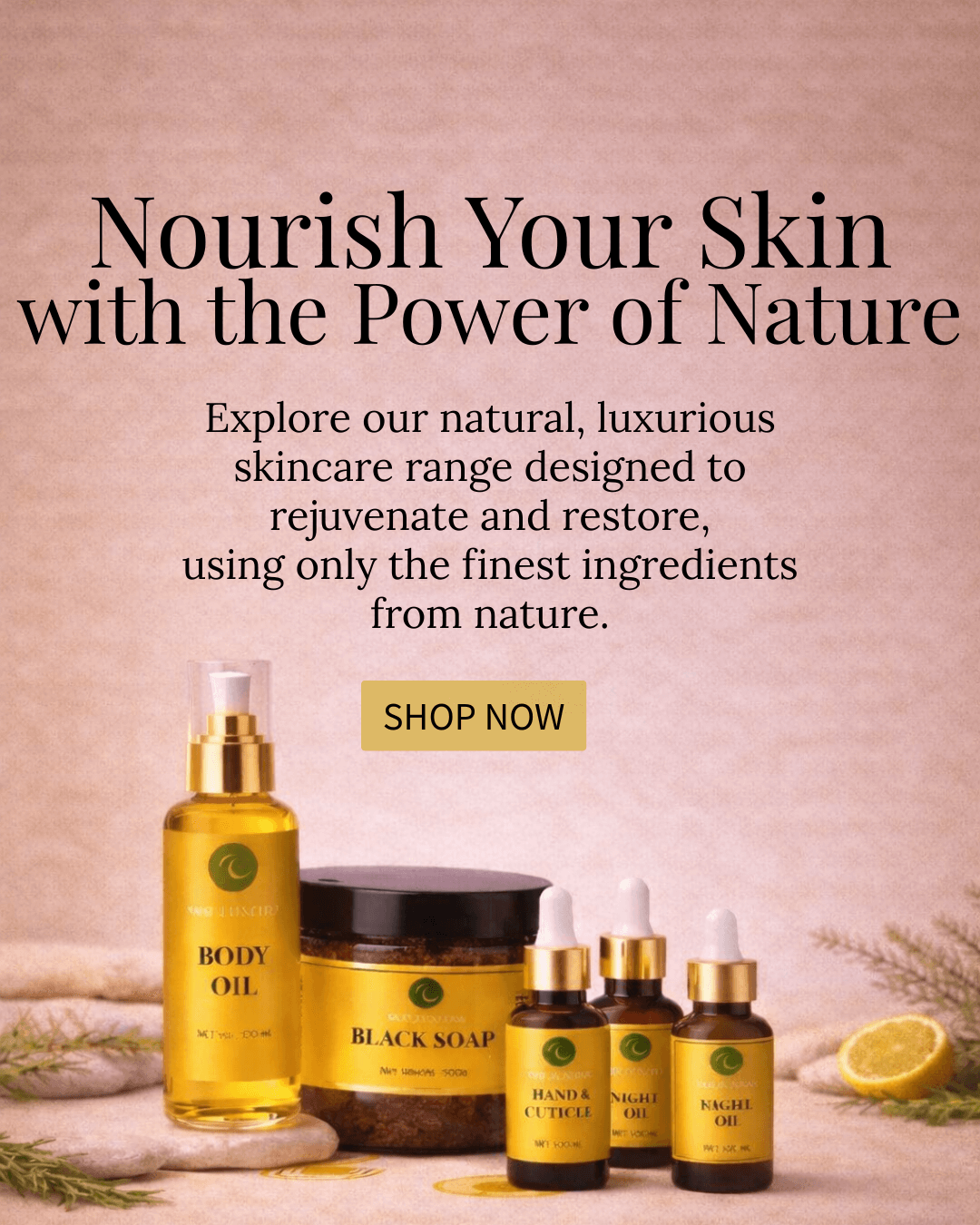 “SKC’Jumira natural skincare products including body oil, black soap and facial oils displayed on a soft beige background.”