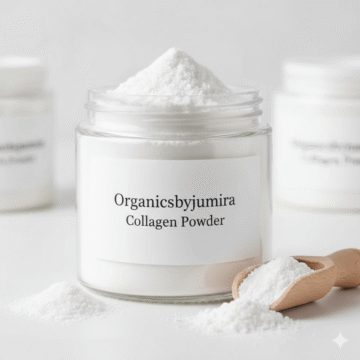 "Image: A jar filled with fine white powder identified as collagen. The bowl has a clean design and includes a screw-on lid. The collagen powder is finely milled and appears soft and smooth. The branding on the jar indicates its use in skincare formulations. The image focuses on the product but does not include any additional items or background.[Collagen Powder] [organicsbyjumira]"