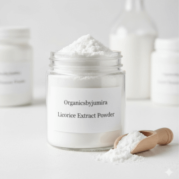 "An image of a finely ground licorice powder product in a skincare formulation. The licorice powder is a natural ingredient known for its skin-soothing properties. The powder appears to be a pale yellow color, commonly used in various skincare products. It is contained within a small, branded jar, showcasing the product's name and labeling. The image depicts the licorice powder as a key component in skincare formulations, offering potential benefits such as evening the skin tone, reducing dark spots, and providing antioxidant protection. The product image is visually appealing and showcases the potential of this licorice powder in skincare routines.[Licorice Extract Powder] [organicsbyjumira] "