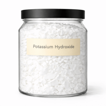 “Potassium Hydroxide (KOH) by Organicsbyjumira — white alkaline flakes used for liquid soap making and cosmetic formulation.”
