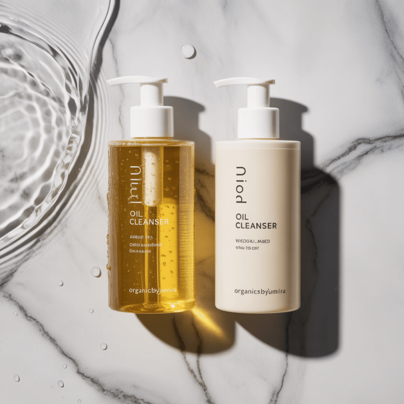 Double cleansing setup with oil cleanser and water-based cleanser on a clean marble surface.