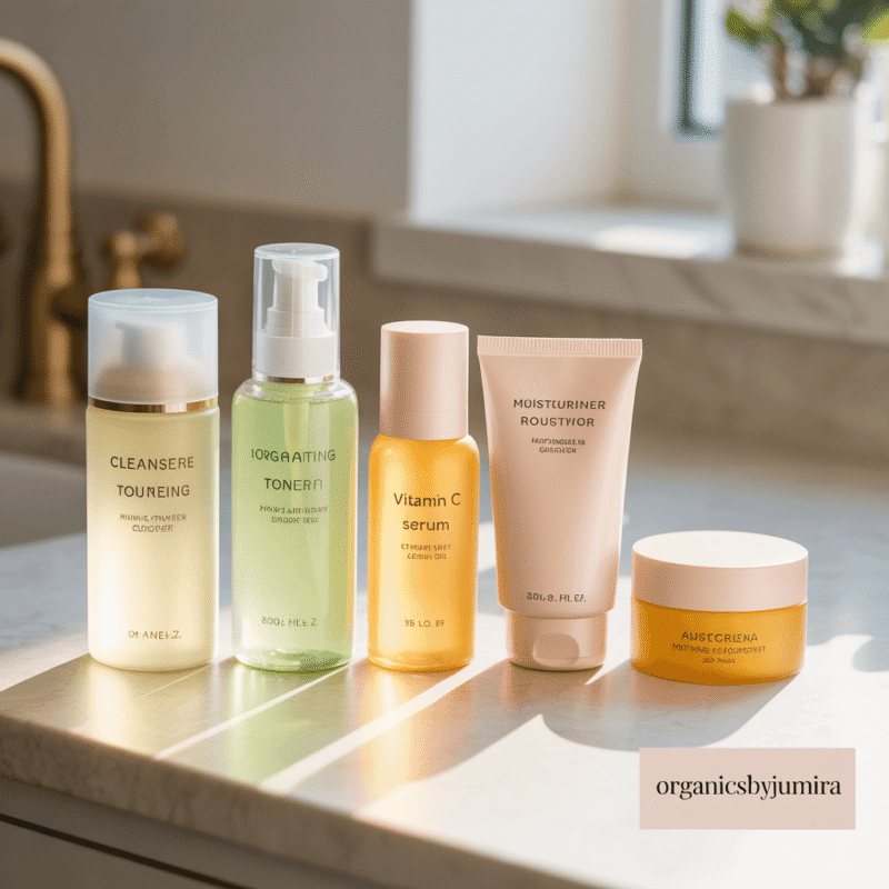 Morning skincare routine layout with cleanser, toner, vitamin C serum, moisturizer, and sunscreen arranged in a bright minimalist flatlay.