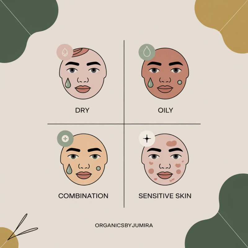 Minimalist infographic showing four skin types: dry, oily, combination, and sensitive.