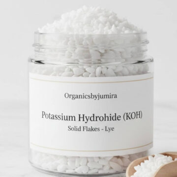 Potassium Hydroxide (KOH) pellets used for pH adjustment and soap formulation.