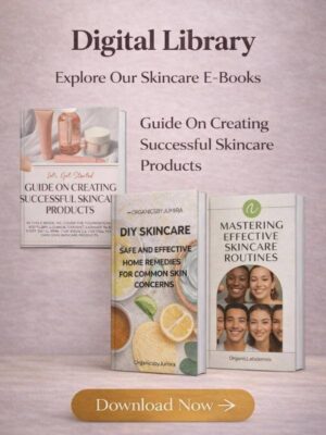 Premium digital library banner showcasing skincare e-books by OrganicsbyJumira, photorealistic editorial style with natural light and high-resolution product imagery