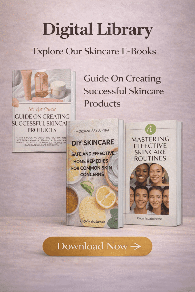 Premium digital library banner showcasing skincare e-books by OrganicsbyJumira, photorealistic editorial style with natural light and high-resolution product imagery