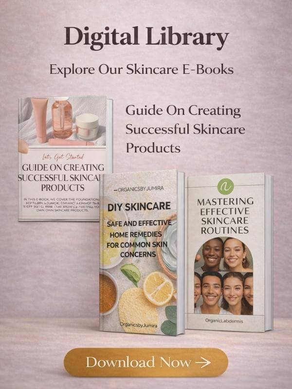Premium digital library banner showcasing skincare e-books by OrganicsbyJumira, photorealistic editorial style with natural light and high-resolution product imagery
