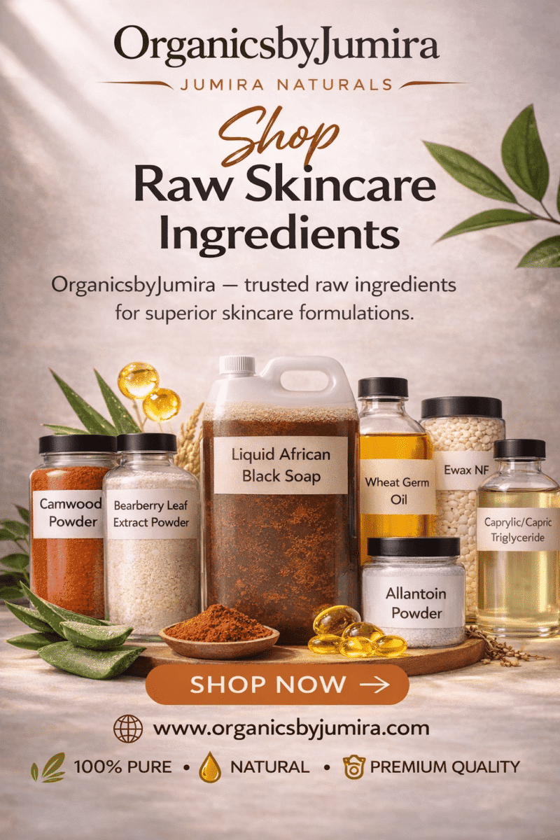 Jumira Naturals mobile banner promoting raw skincare ingredients for DIY formulations.