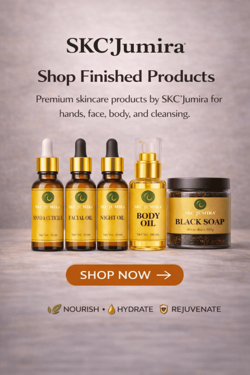 SKC’Jumira premium finished skincare products including hand and cuticle oil, facial oil, night oil, body oil, and African black soap displayed in a photorealistic 4K beauty editorial style