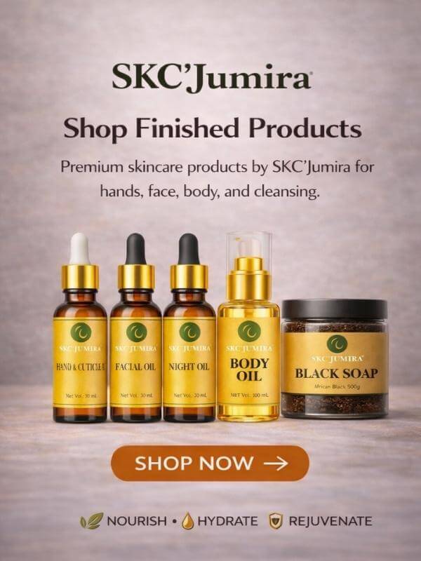 SKC’Jumira premium finished skincare products including hand and cuticle oil, facial oil, night oil, body oil, and African black soap displayed in a photorealistic 4K beauty editorial style