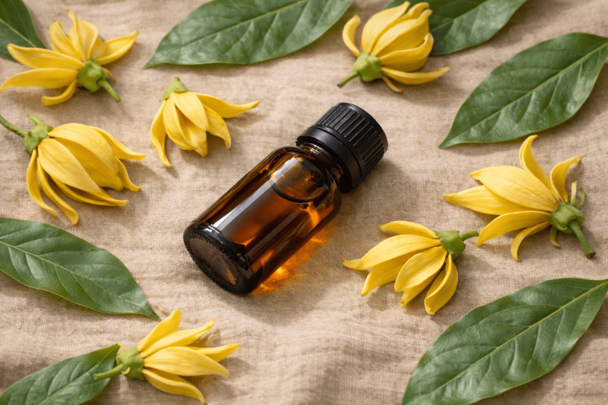 Ylang Ylang essential oil Nigeria — pure cosmetic grade amber bottle with yellow Cananga flowers by Jumira Naturals Organicsbyjumira